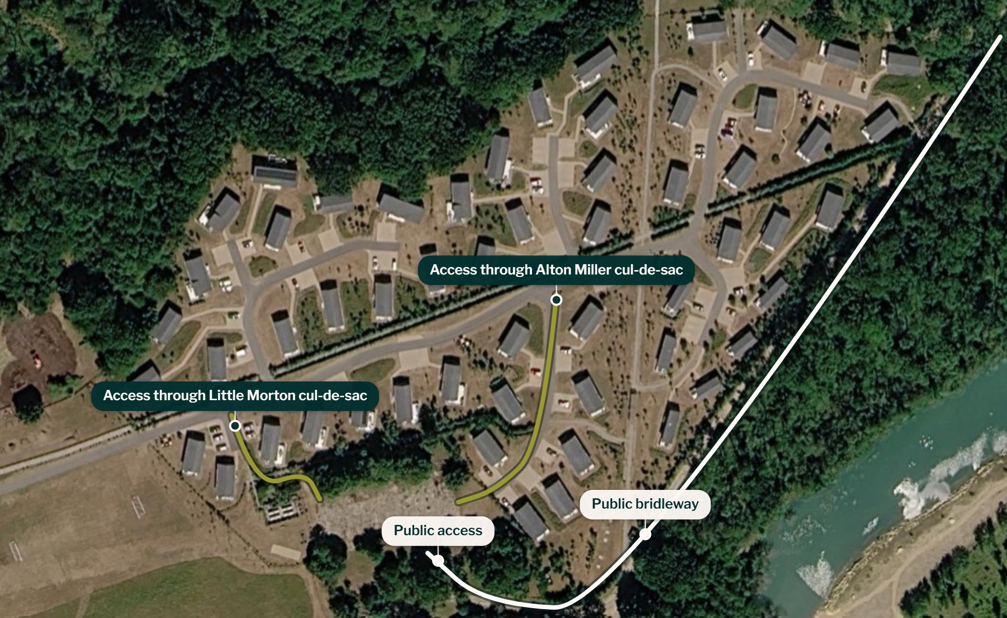 Aerial map of the park showing the two lodge access routes to the Glenn Miller Memorial and the public bridleway
