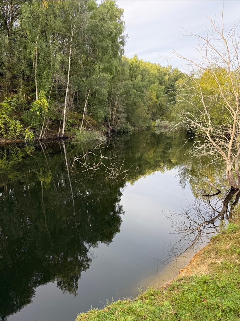 Acorn Lake at Rockingham Forest Park, its wooded banks mirrored in still water