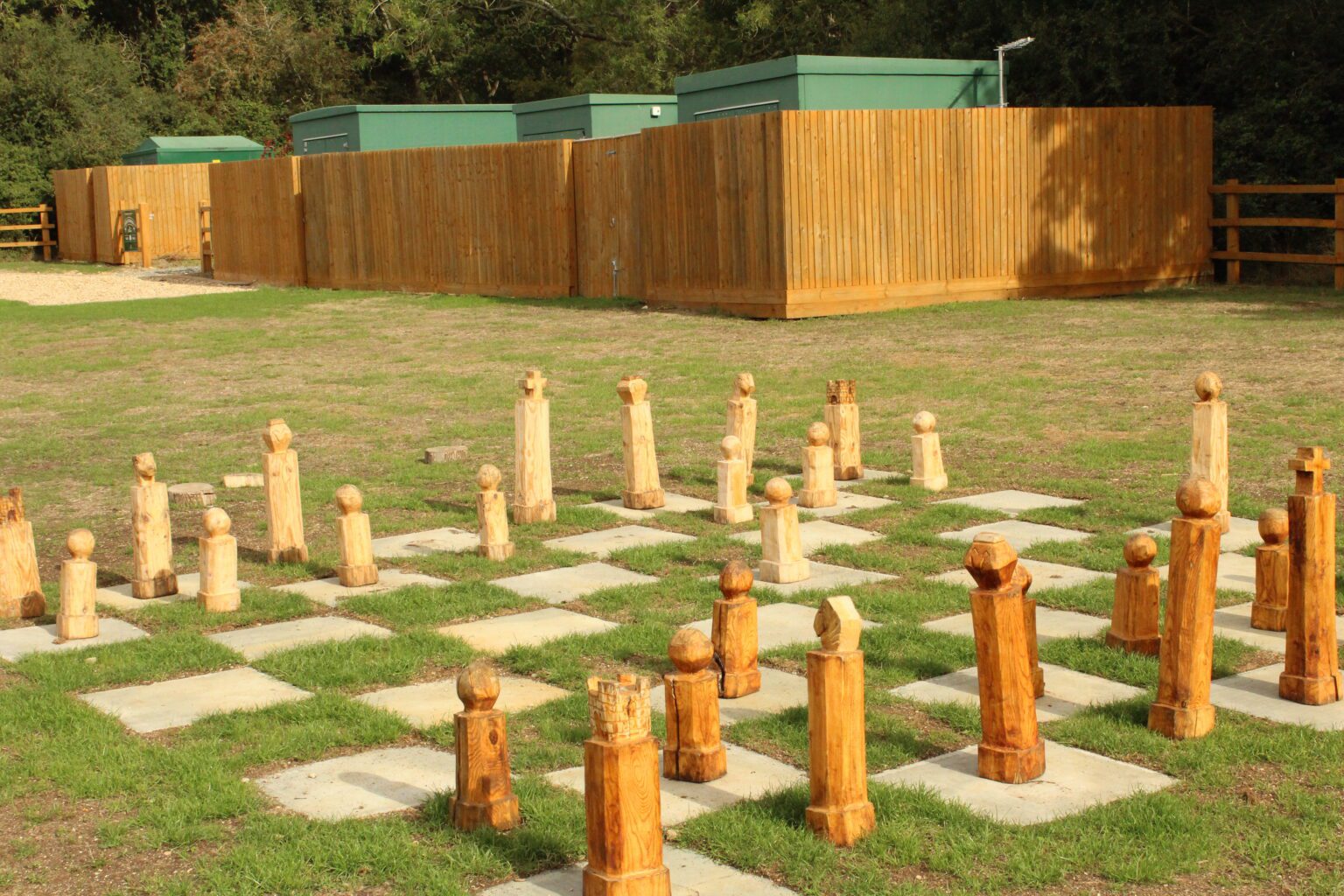Knee-high carved wooden chess pieces set out on the giant chess board beside the dog park fence