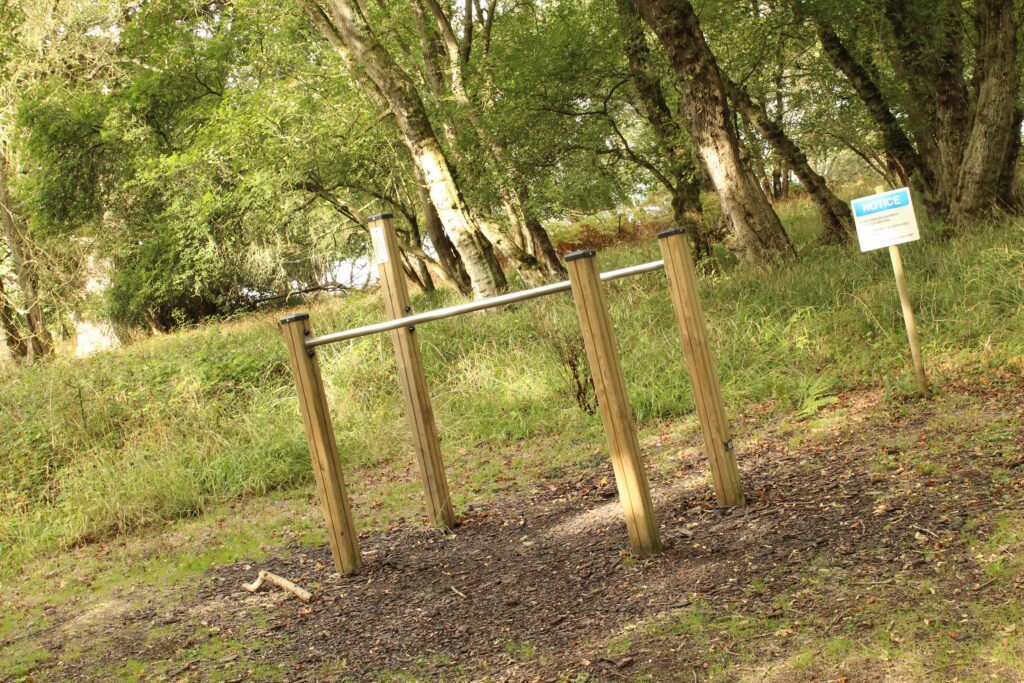 Timber pull-up and vault bars beside the path on the trim trail