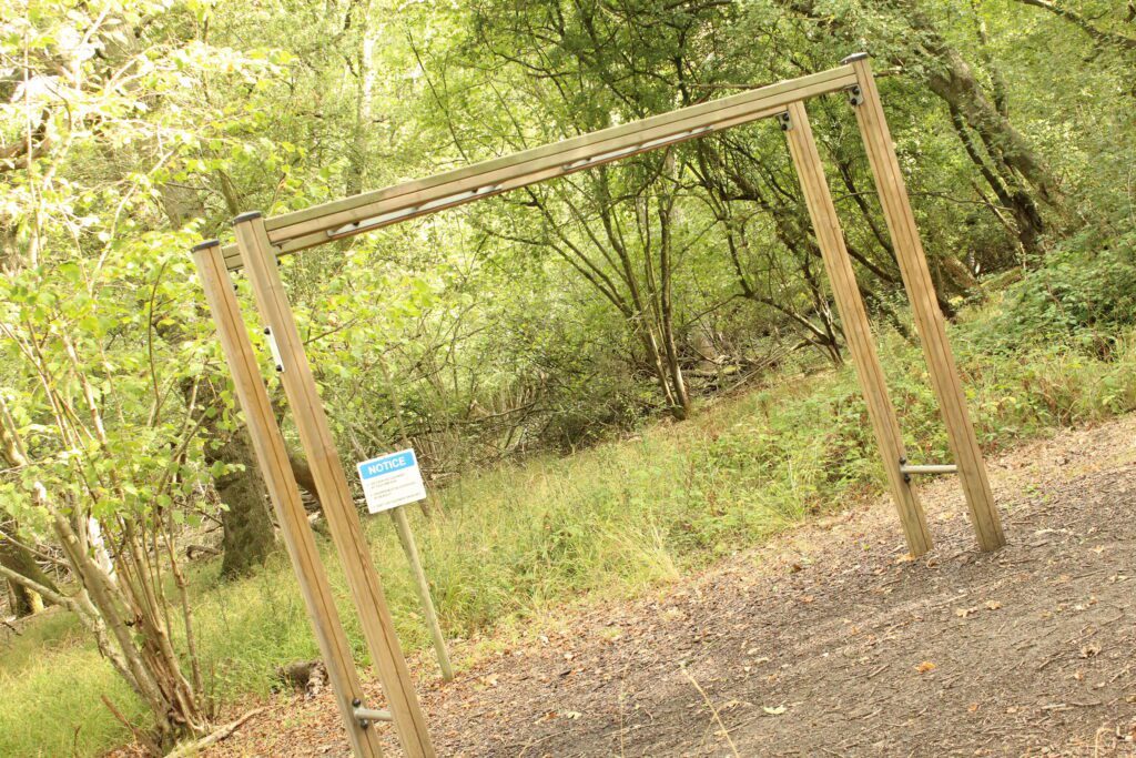 A tall timber frame on the trim trail, set among the trees