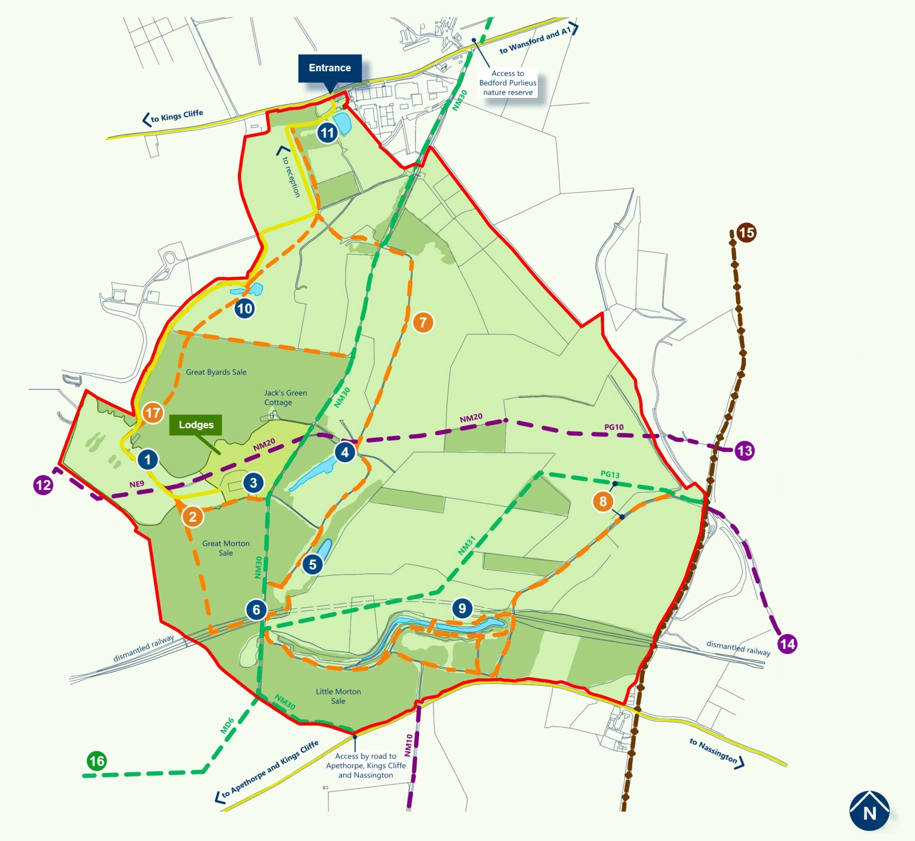 Illustrated map of Rockingham Forest Park showing the park boundary, the five lakes, the woodland sales, the numbered points one to seventeen, the waymarked walking and cycle trails, and the public footpaths, bridleways and byways leading out to the surrounding villages.