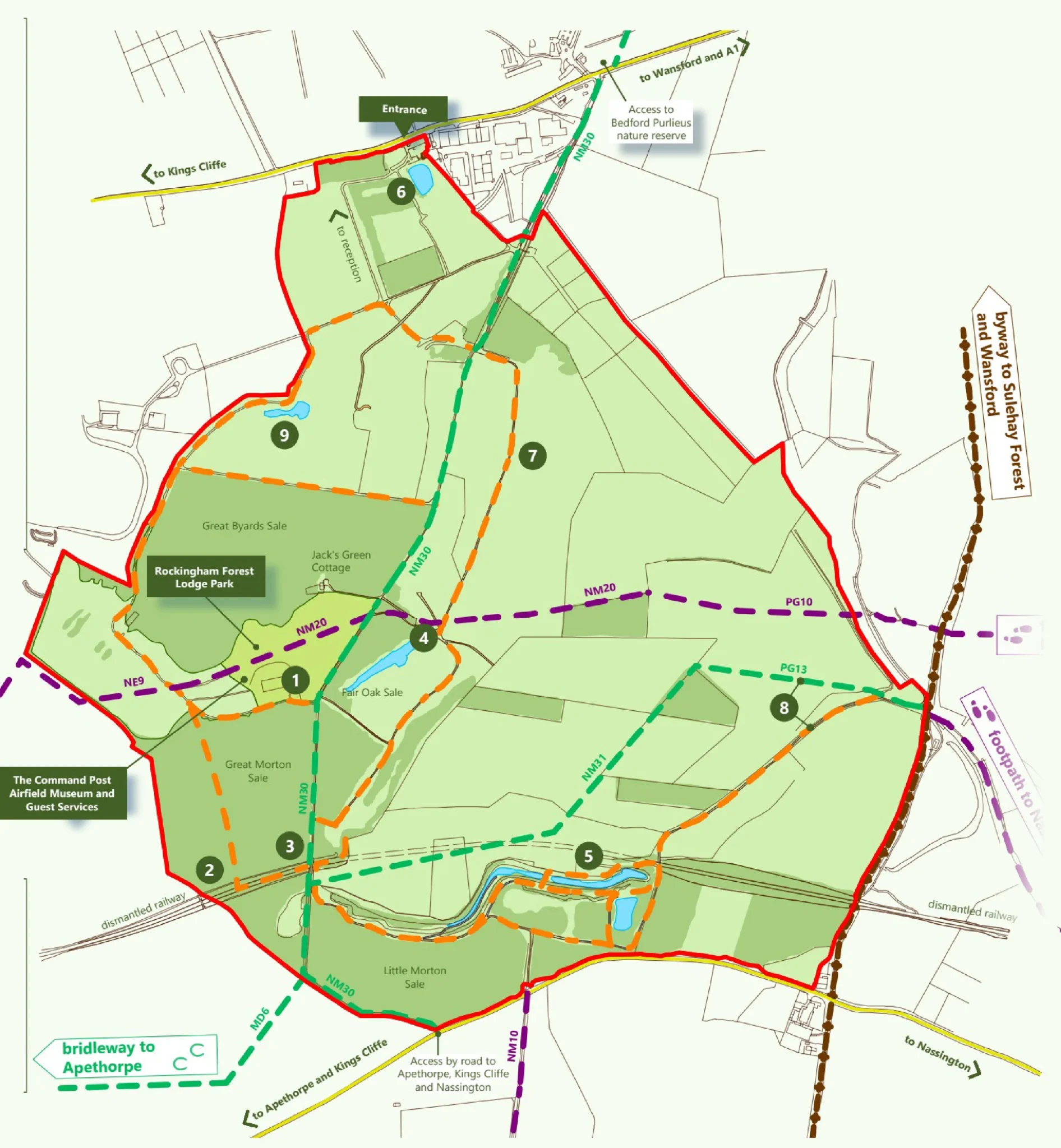Illustrated map of Rockingham Forest Park showing the park boundary, the four lakes, the woodland sales, the waymarked walking and cycle trails, and the public footpaths and bridleways leading out to the surrounding villages.